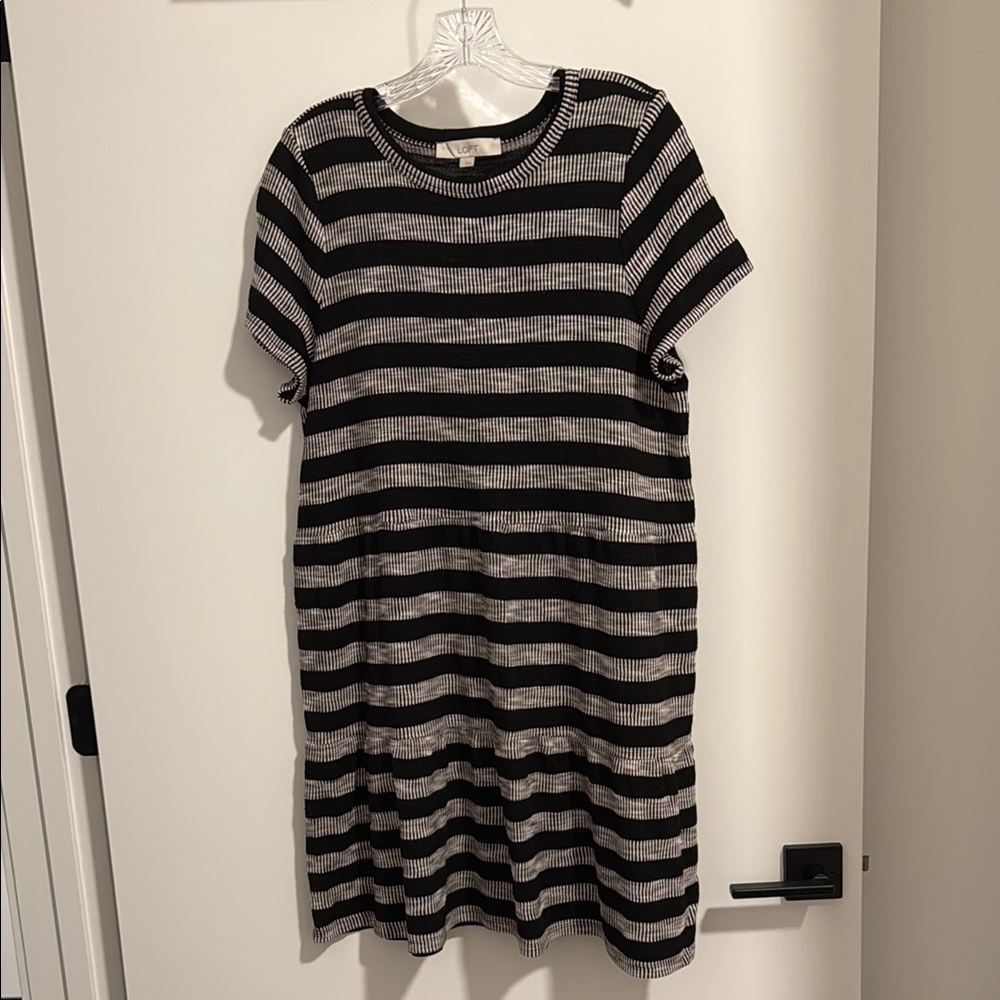 LOFT Black and Cream-Striped Dress Casual Crew Neck